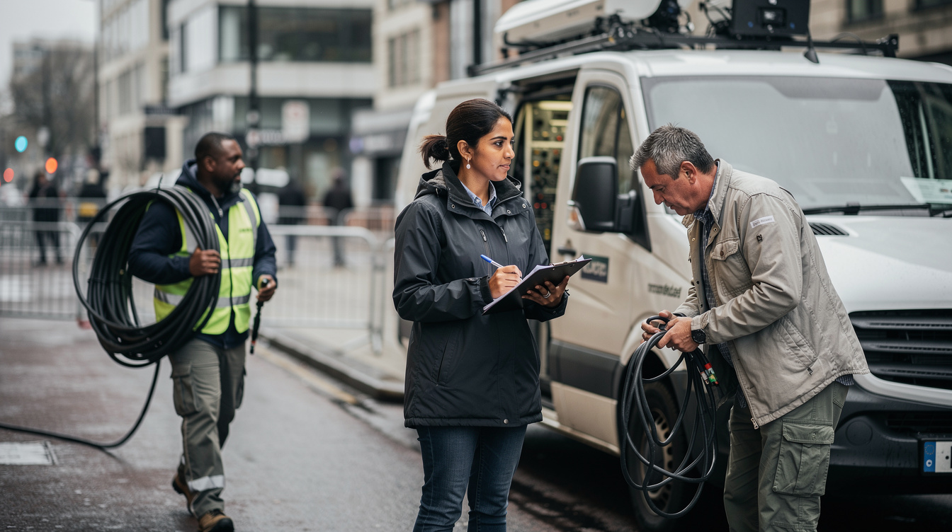 Outside broadcast crew coordinating equipment near a satellite van