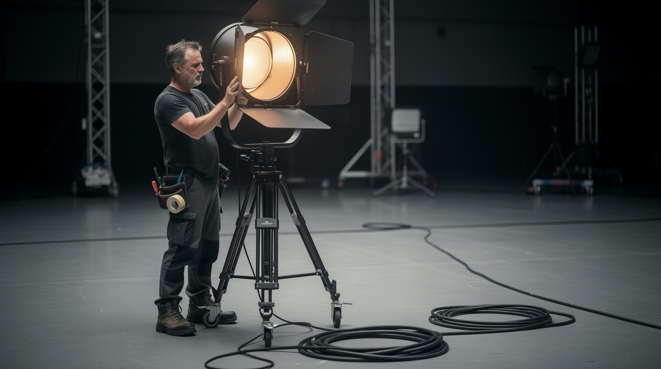 Technician setting up studio lights and stands before filming