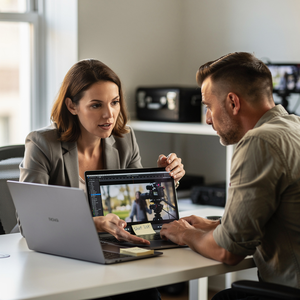 Two colleagues reviewing footage on a laptop after a shoot