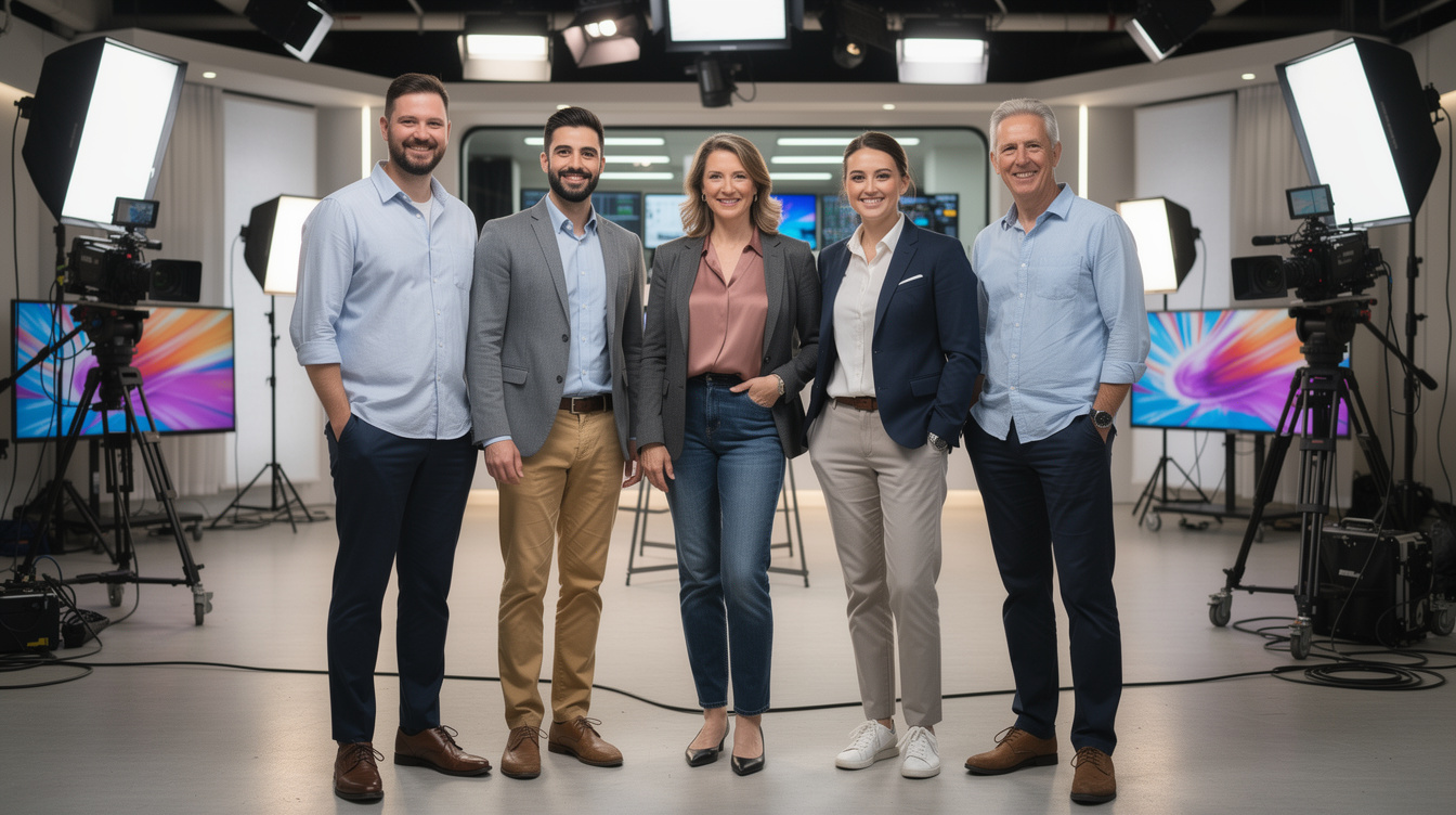 Group of media production colleagues standing together in a studio