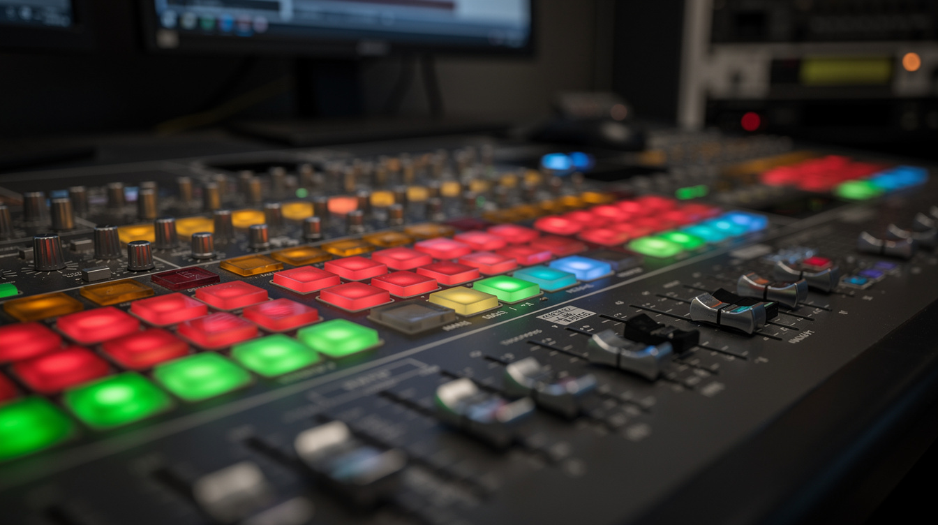 Sound and vision mixing desk with glowing control panels