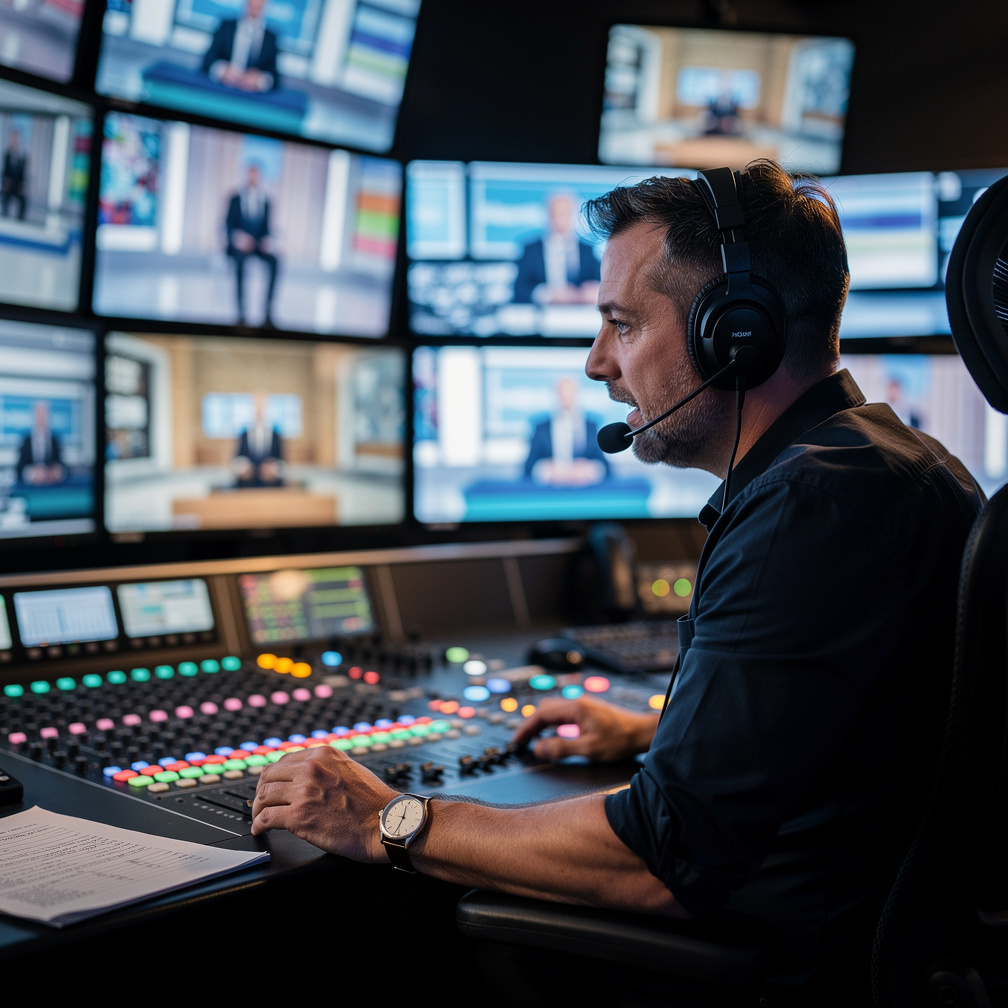 Director calling cues in a live television production gallery