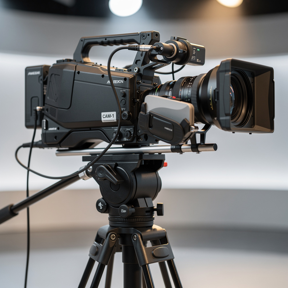 Professional broadcast camera mounted on a tripod in a studio