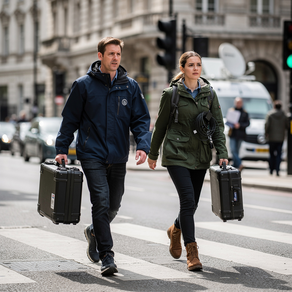 News crew carrying equipment cases across a city street