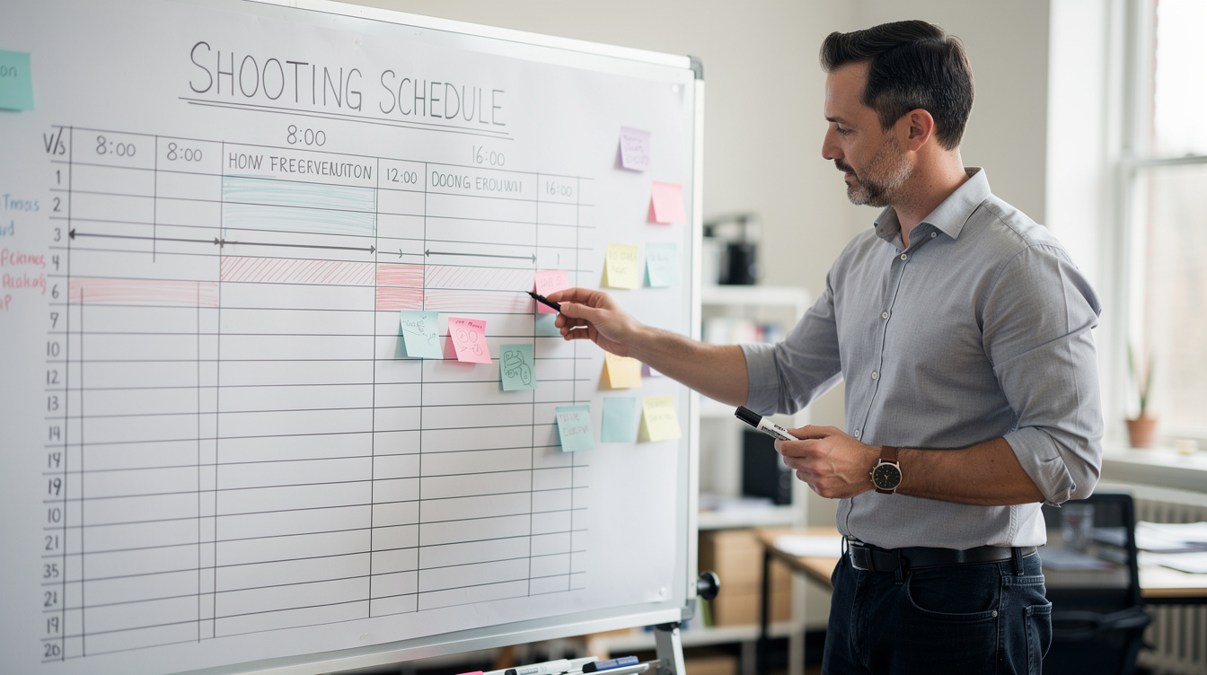 Coordinator reviewing a production schedule on a whiteboard