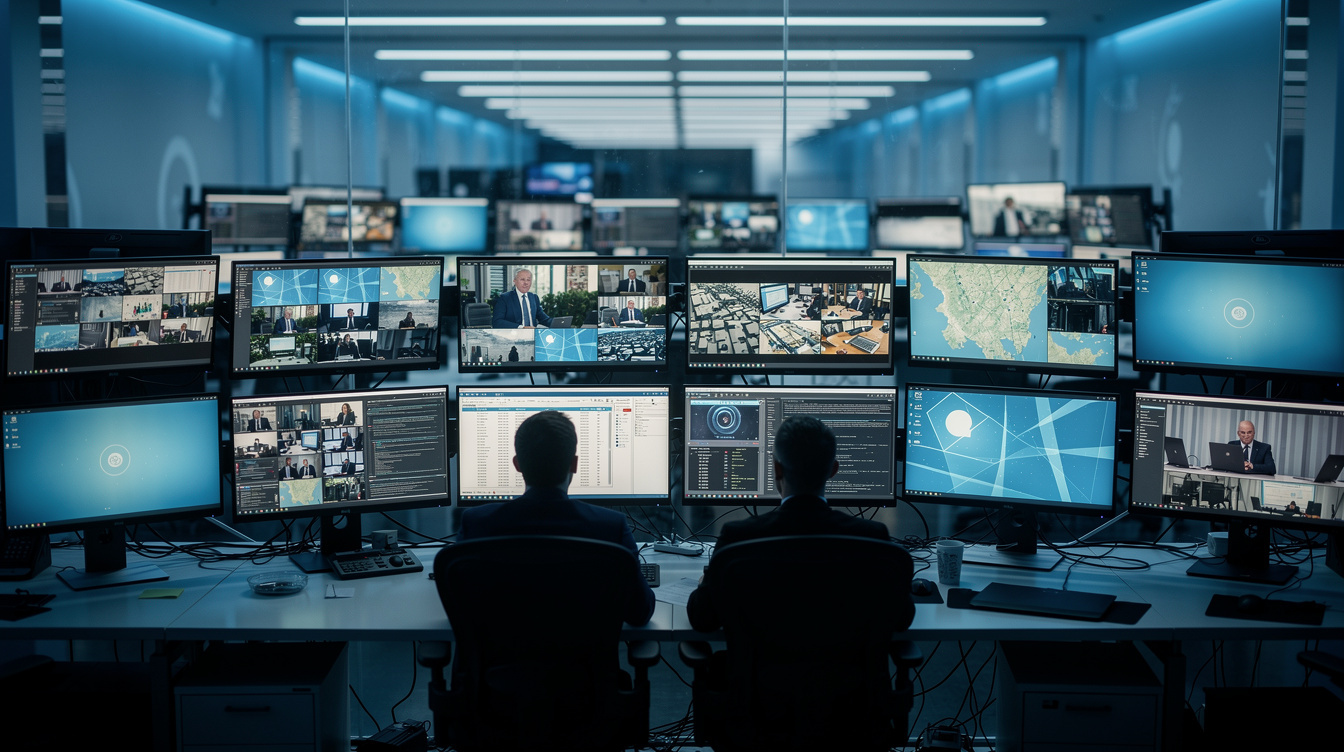 Newsroom desk with multiple monitors showing live feeds