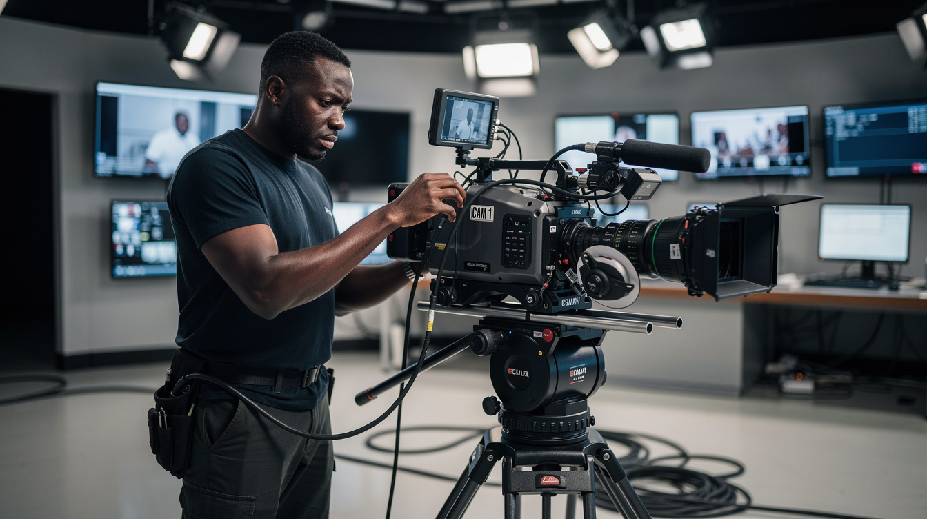 Technician adjusting a broadcast camera rig before a live shoot