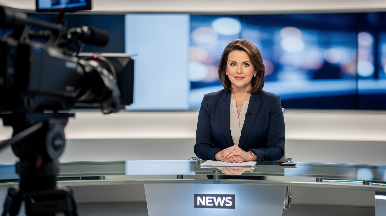 Presenter on set during a live television broadcast