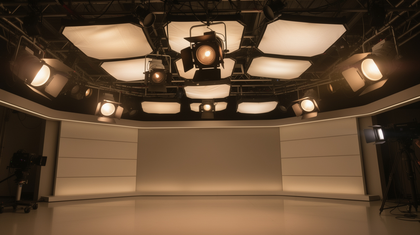 Stage lighting rig glowing above a television studio set